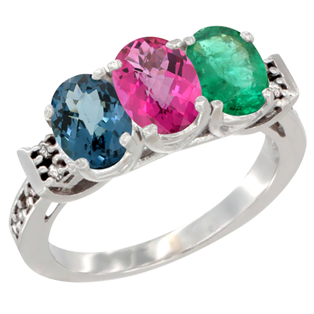 10K White Gold Natural London Blue Topaz, Pink Topaz & Emerald Ring 3-Stone Oval 7x5 mm Diamond Accent, sizes 5 - 10