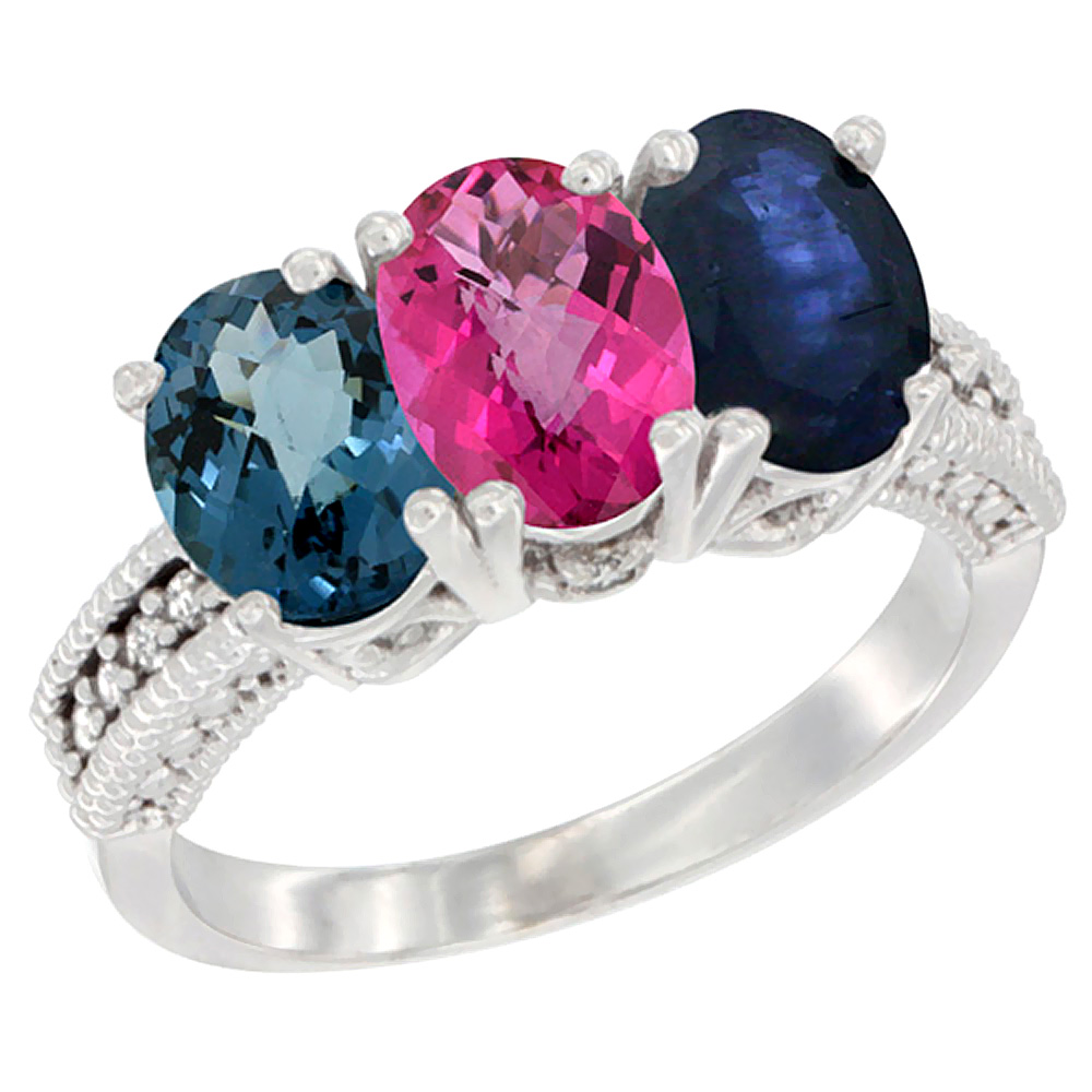 14K White Gold Natural London Blue Topaz, Pink Topaz & Blue Sapphire Ring 3-Stone 7x5 mm Oval Diamond Accent, sizes 5 - 10