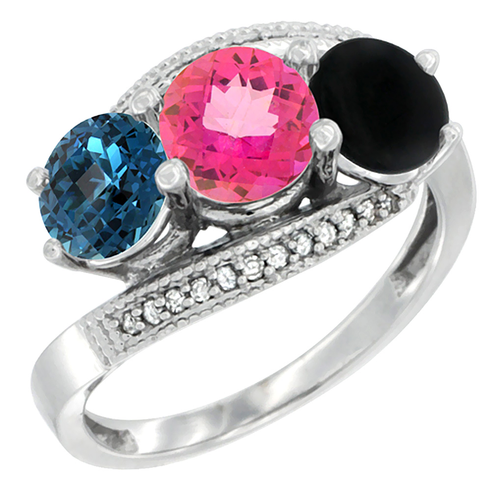 10K White Gold Natural London Blue Topaz, Pink Topaz &amp; Black Onyx 3 stone Ring Round 6mm Diamond Accent, sizes 5 - 10