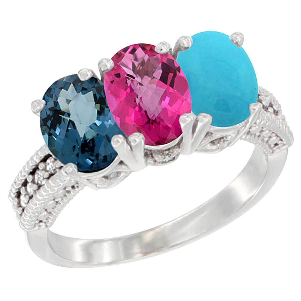 14K White Gold Natural London Blue Topaz, Pink Topaz & Turquoise Ring 3-Stone 7x5 mm Oval Diamond Accent, sizes 5 - 10