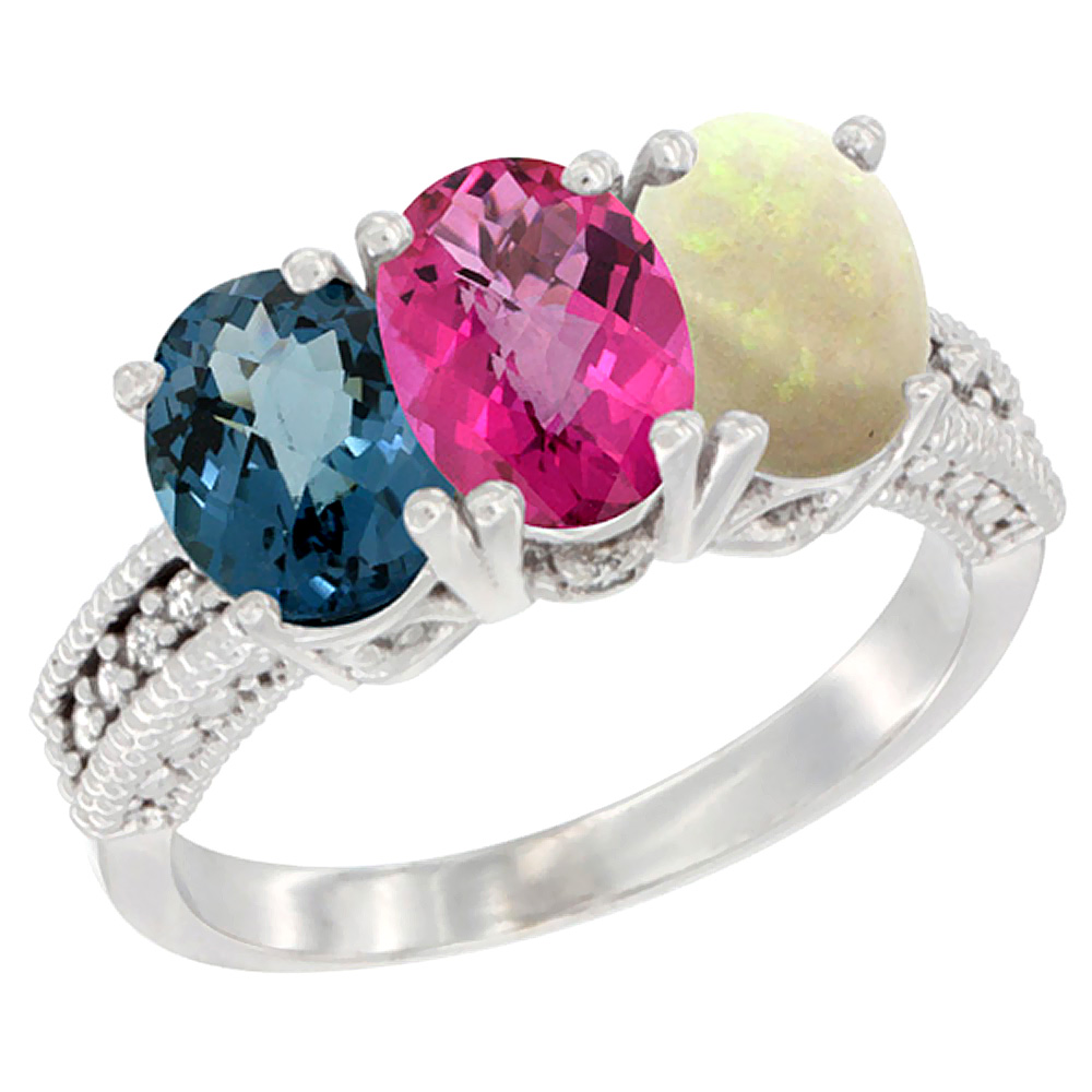 14K White Gold Natural London Blue Topaz, Pink Topaz &amp; Opal Ring 3-Stone 7x5 mm Oval Diamond Accent, sizes 5 - 10