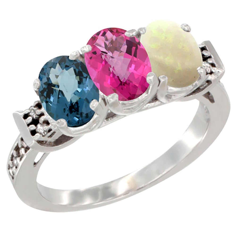 14K White Gold Natural London Blue Topaz, Pink Topaz & Opal Ring 3-Stone 7x5 mm Oval Diamond Accent, sizes 5 - 10