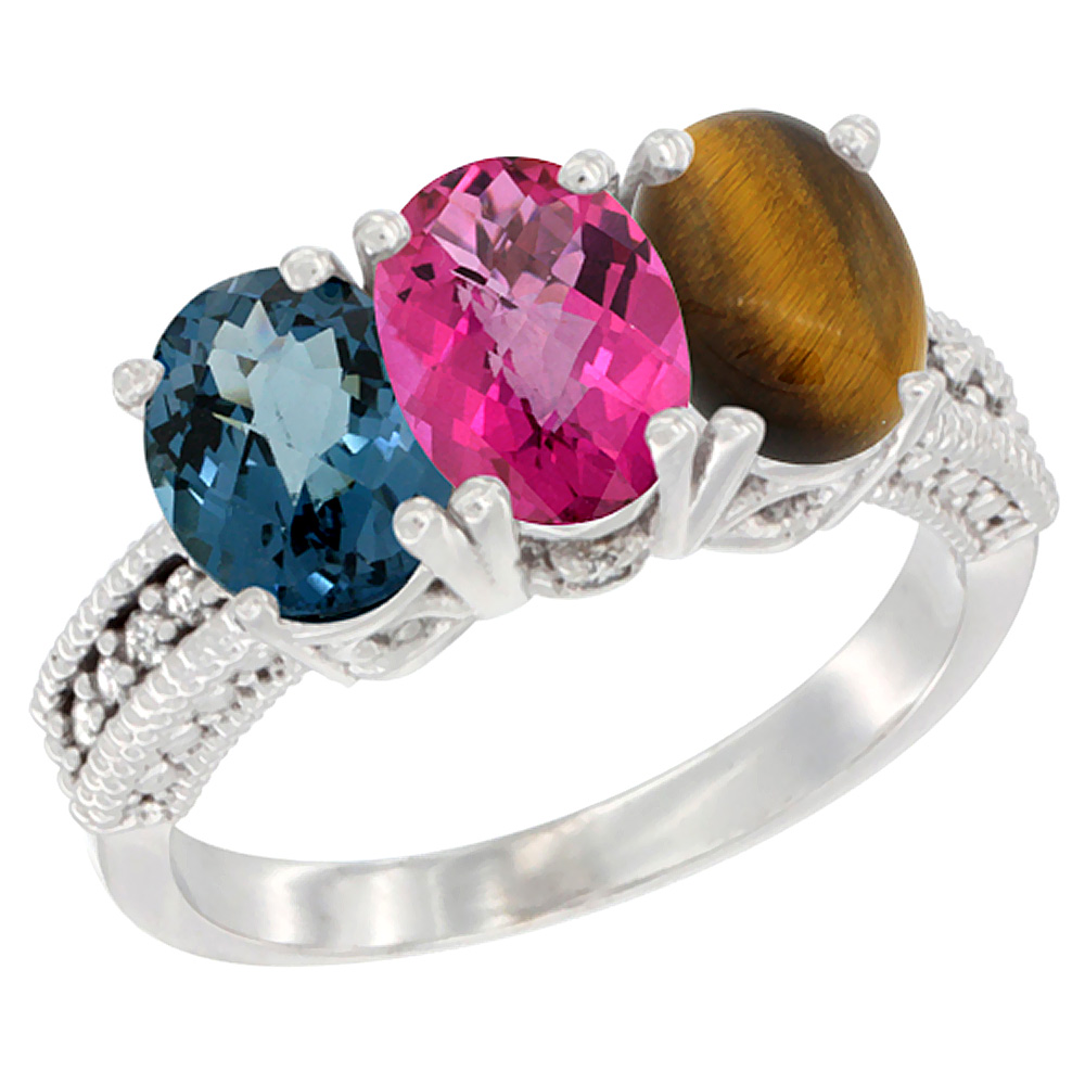 10K White Gold Natural London Blue Topaz, Pink Topaz & Tiger Eye Ring 3-Stone Oval 7x5 mm Diamond Accent, sizes 5 - 10