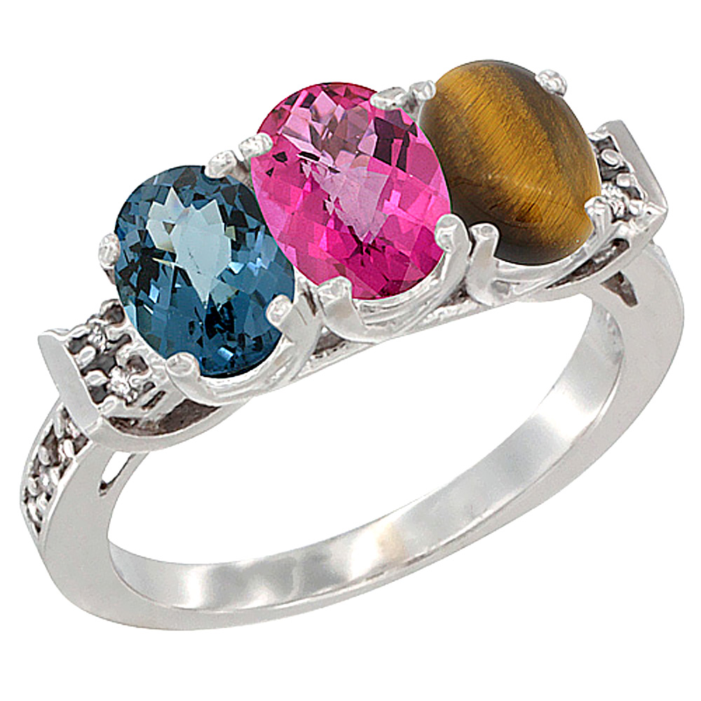 14K White Gold Natural London Blue Topaz, Pink Topaz &amp; Tiger Eye Ring 3-Stone 7x5 mm Oval Diamond Accent, sizes 5 - 10