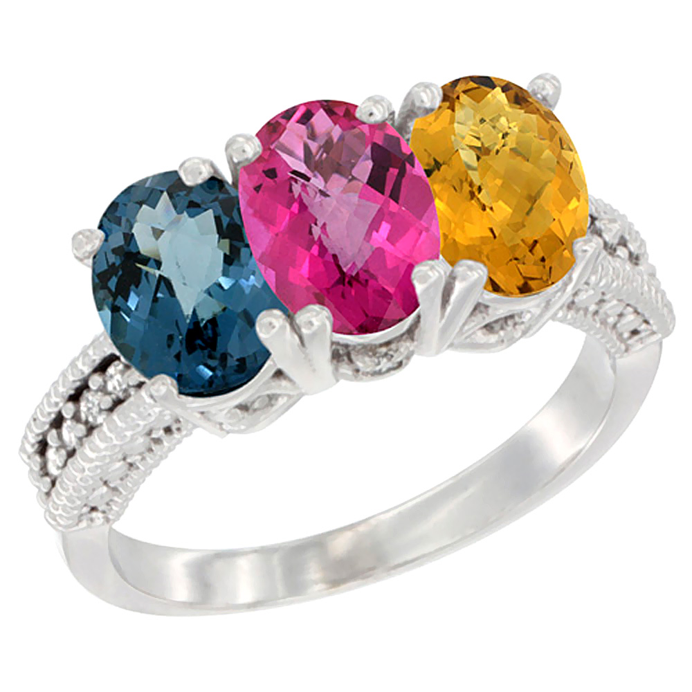 14K White Gold Natural London Blue Topaz, Pink Topaz & Whisky Quartz Ring 3-Stone 7x5 mm Oval Diamond Accent, sizes 5 - 10