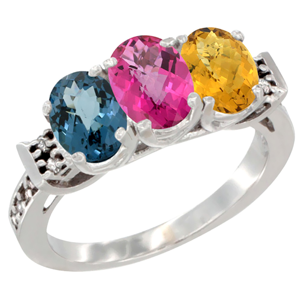 14K White Gold Natural London Blue Topaz, Pink Topaz &amp; Whisky Quartz Ring 3-Stone 7x5 mm Oval Diamond Accent, sizes 5 - 10