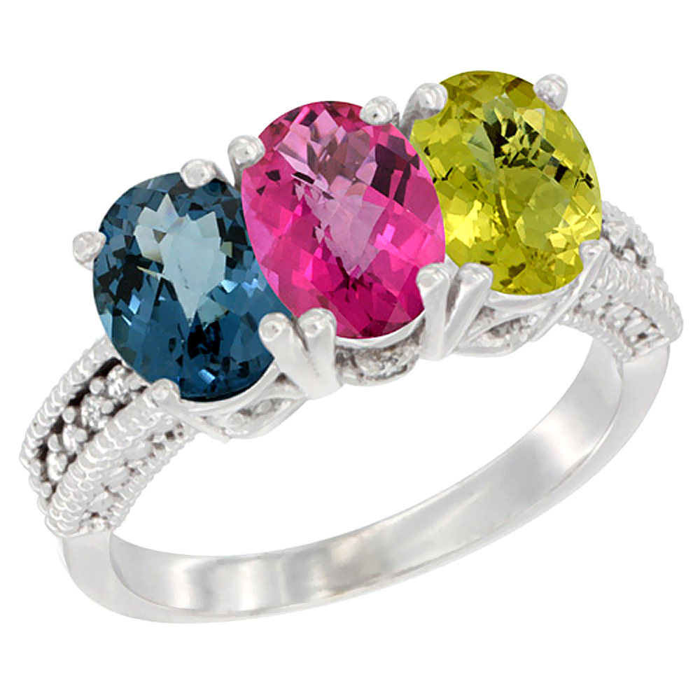 14K White Gold Natural London Blue Topaz, Pink Topaz & Lemon Quartz Ring 3-Stone 7x5 mm Oval Diamond Accent, sizes 5 - 10