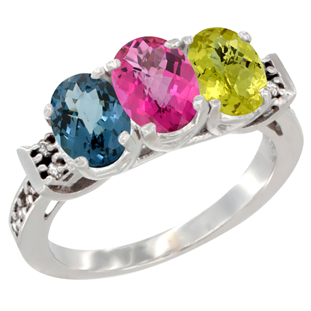 10K White Gold Natural London Blue Topaz, Pink Topaz & Lemon Quartz Ring 3-Stone Oval 7x5 mm Diamond Accent, sizes 5 - 10