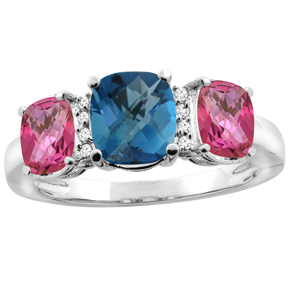 14K White Gold Natural London Blue Topaz & Pink Topaz 3-stone Ring Cushion 8x6mm Diamond Accent, sizes 5 - 10