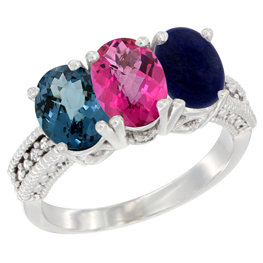 14K White Gold Natural London Blue Topaz, Pink Topaz &amp; Lapis Ring 3-Stone 7x5 mm Oval Diamond Accent, sizes 5 - 10