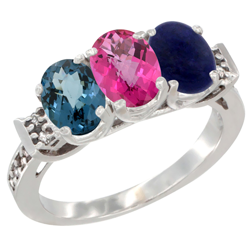 14K White Gold Natural London Blue Topaz, Pink Topaz & Lapis Ring 3-Stone 7x5 mm Oval Diamond Accent, sizes 5 - 10