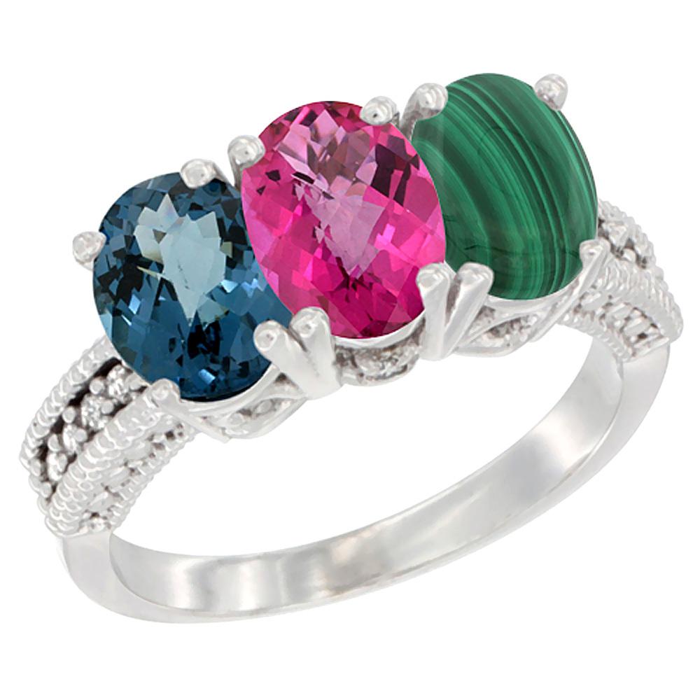 14K White Gold Natural London Blue Topaz, Pink Topaz & Malachite Ring 3-Stone 7x5 mm Oval Diamond Accent, sizes 5 - 10