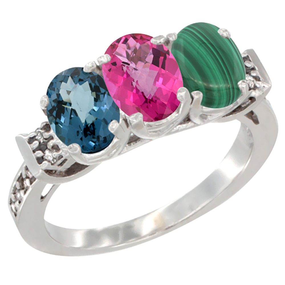 14K White Gold Natural London Blue Topaz, Pink Topaz &amp; Malachite Ring 3-Stone 7x5 mm Oval Diamond Accent, sizes 5 - 10