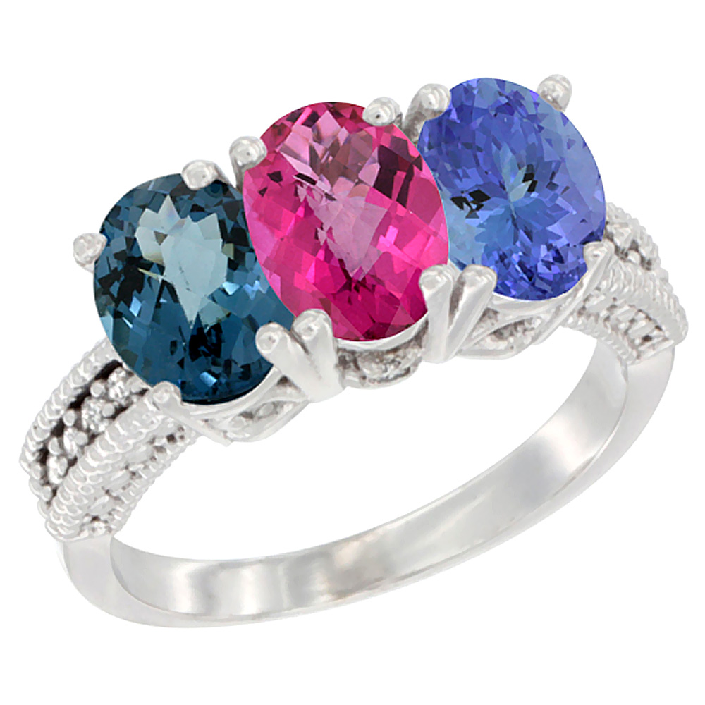 10K White Gold Natural London Blue Topaz, Pink Topaz & Tanzanite Ring 3-Stone Oval 7x5 mm Diamond Accent, sizes 5 - 10