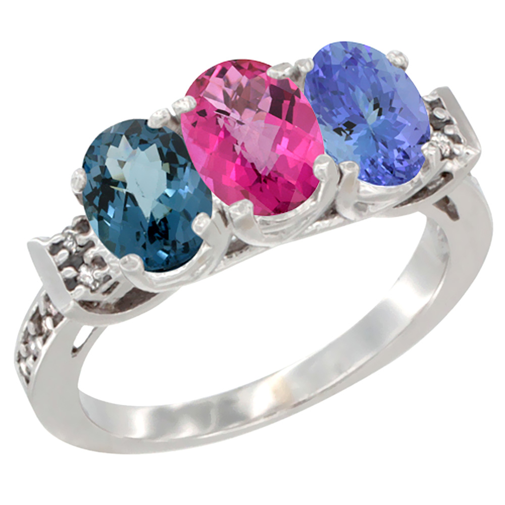 10K White Gold Natural London Blue Topaz, Pink Topaz & Tanzanite Ring 3-Stone Oval 7x5 mm Diamond Accent, sizes 5 - 10