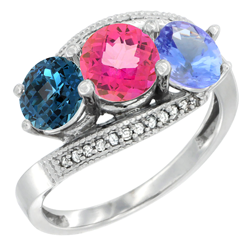 14K White Gold Natural London Blue Topaz, Pink Topaz &amp; Tanzanite 3 stone Ring Round 6mm Diamond Accent, sizes 5 - 10