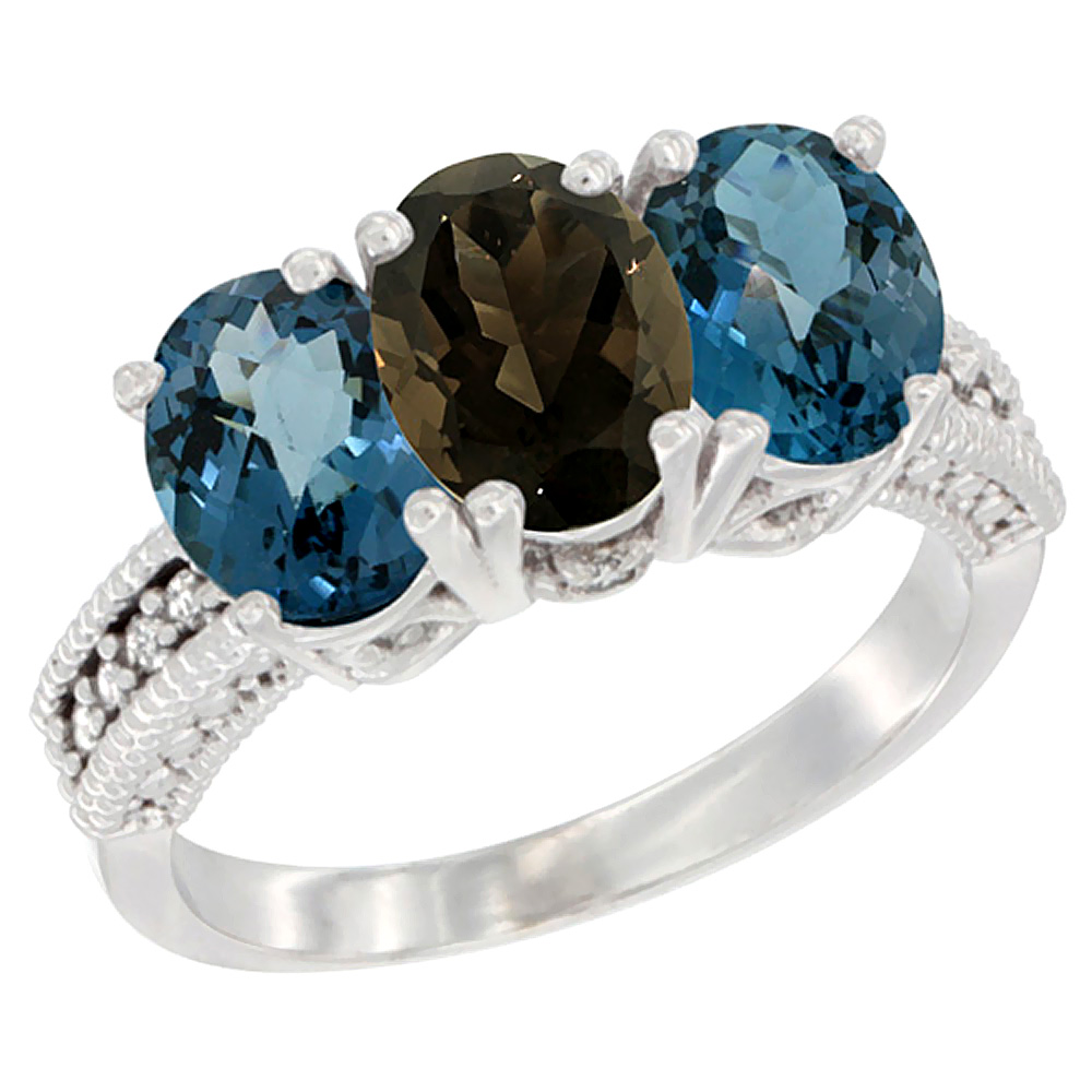 14K White Gold Natural Smoky Topaz &amp; London Blue Topaz Sides Ring 3-Stone 7x5 mm Oval Diamond Accent, sizes 5 - 10