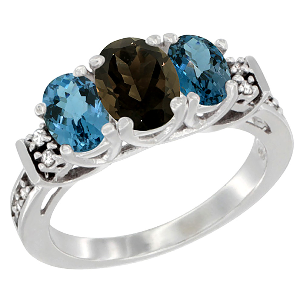 10K White Gold Natural Smoky Topaz &amp; London Blue Ring 3-Stone Oval Diamond Accent, sizes 5-10