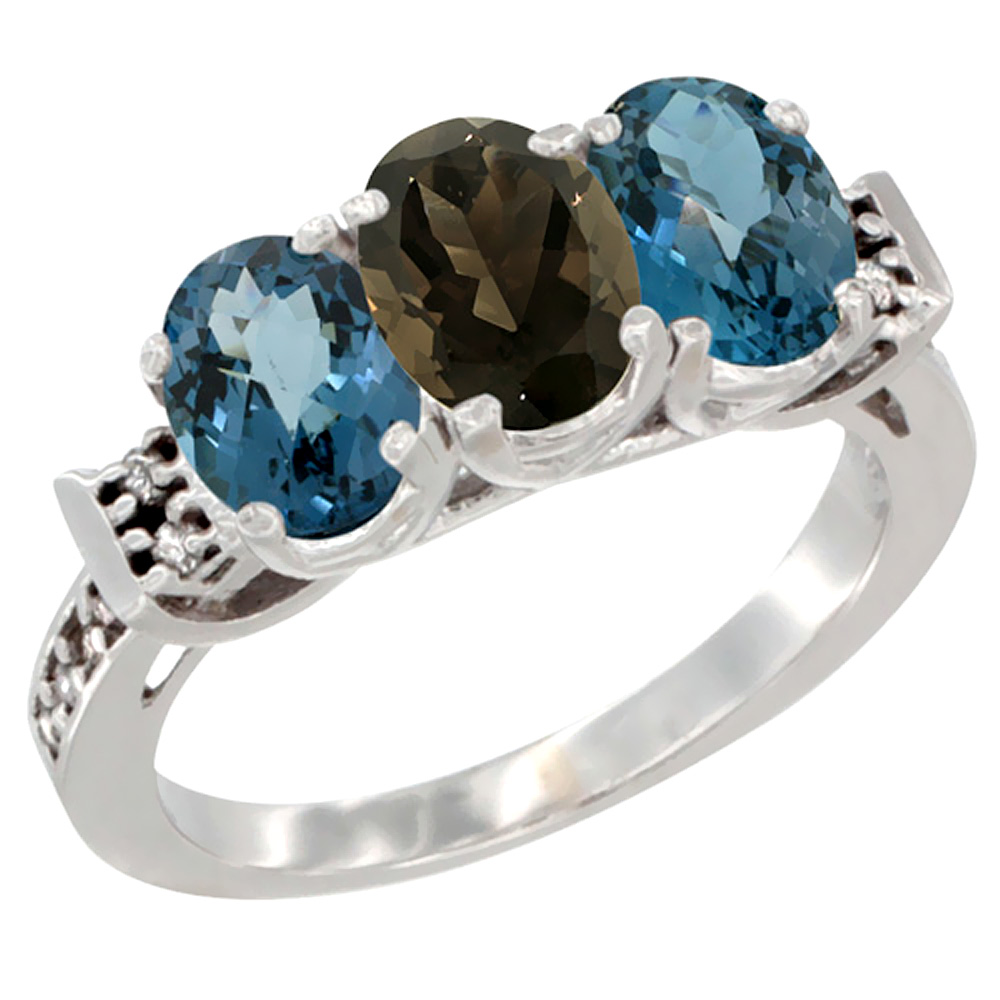 14K White Gold Natural Smoky Topaz & London Blue Topaz Sides Ring 3-Stone 7x5 mm Oval Diamond Accent, sizes 5 - 10