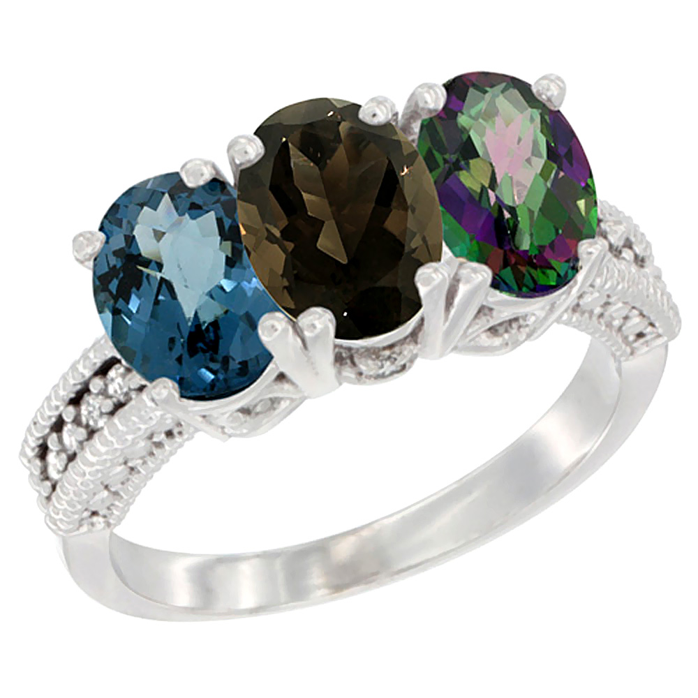 14K White Gold Natural London Blue Topaz, Smoky Topaz & Mystic Topaz Ring 3-Stone 7x5 mm Oval Diamond Accent, sizes 5 - 10