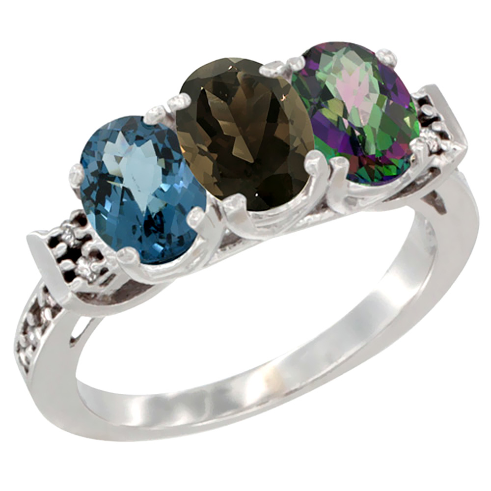 10K White Gold Natural London Blue Topaz, Smoky Topaz & Mystic Topaz Ring 3-Stone Oval 7x5 mm Diamond Accent, sizes 5 - 10