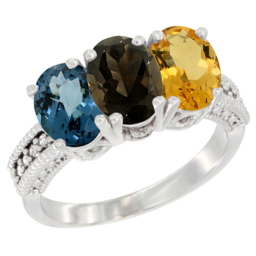 10K White Gold Natural London Blue Topaz, Smoky Topaz & Citrine Ring 3-Stone Oval 7x5 mm Diamond Accent, sizes 5 - 10