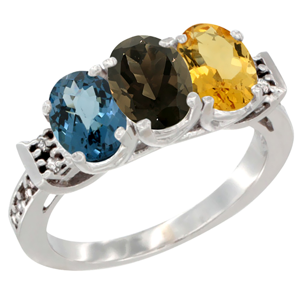 14K White Gold Natural London Blue Topaz, Smoky Topaz & Citrine Ring 3-Stone 7x5 mm Oval Diamond Accent, sizes 5 - 10