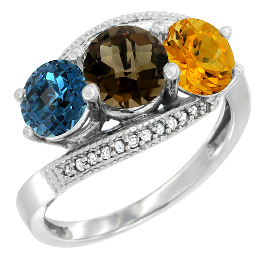 14K White Gold Natural London Blue Topaz, Smoky Topaz & Citrine 3 stone Ring Round 6mm Diamond Accent, sizes 5 - 10