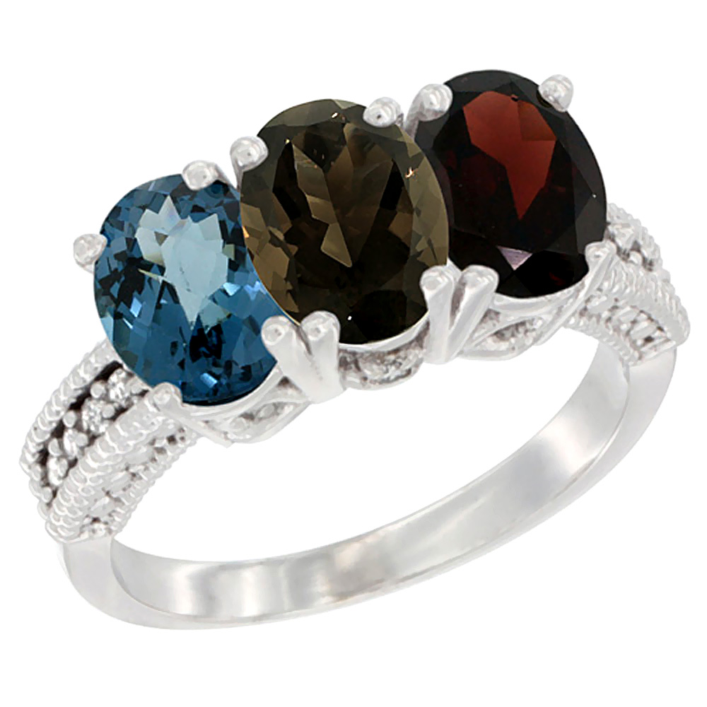 14K White Gold Natural London Blue Topaz, Smoky Topaz & Garnet Ring 3-Stone 7x5 mm Oval Diamond Accent, sizes 5 - 10