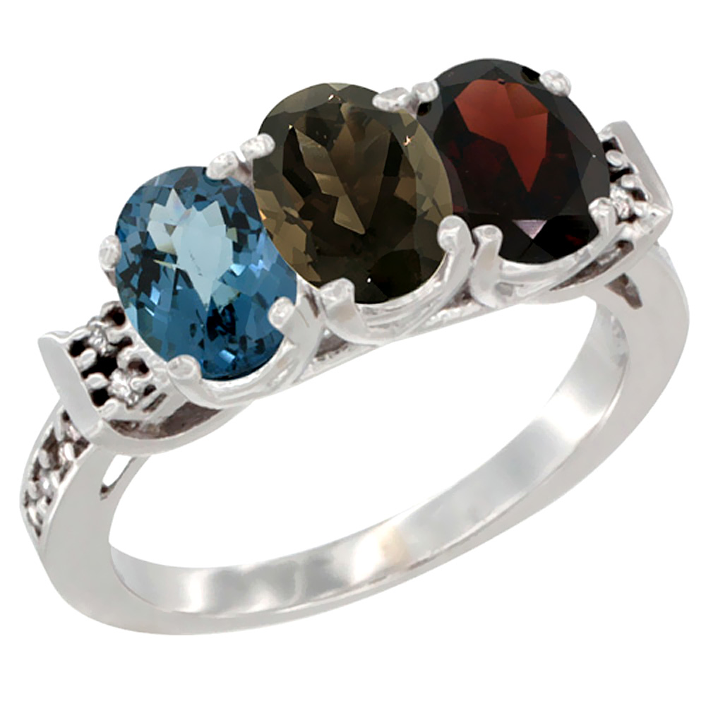 14K White Gold Natural London Blue Topaz, Smoky Topaz &amp; Garnet Ring 3-Stone 7x5 mm Oval Diamond Accent, sizes 5 - 10