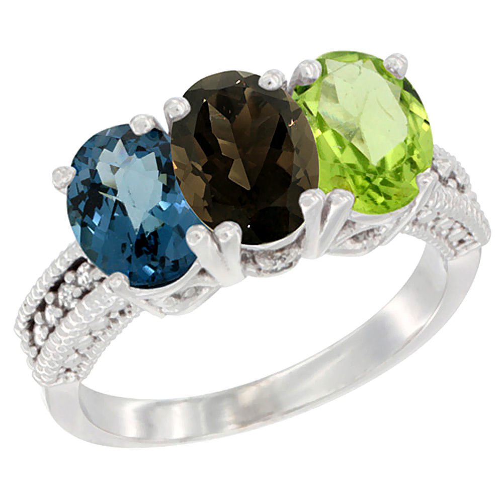 10K White Gold Natural London Blue Topaz, Smoky Topaz & Peridot Ring 3-Stone Oval 7x5 mm Diamond Accent, sizes 5 - 10