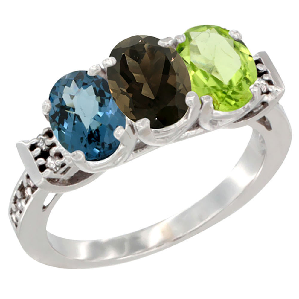 10K White Gold Natural London Blue Topaz, Smoky Topaz & Peridot Ring 3-Stone Oval 7x5 mm Diamond Accent, sizes 5 - 10