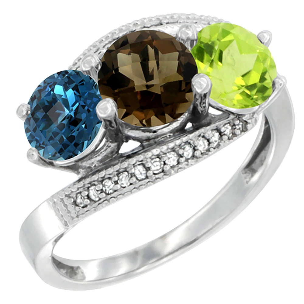 10K White Gold Natural London Blue Topaz, Smoky Topaz & Peridot 3 stone Ring Round 6mm Diamond Accent, sizes 5 - 10