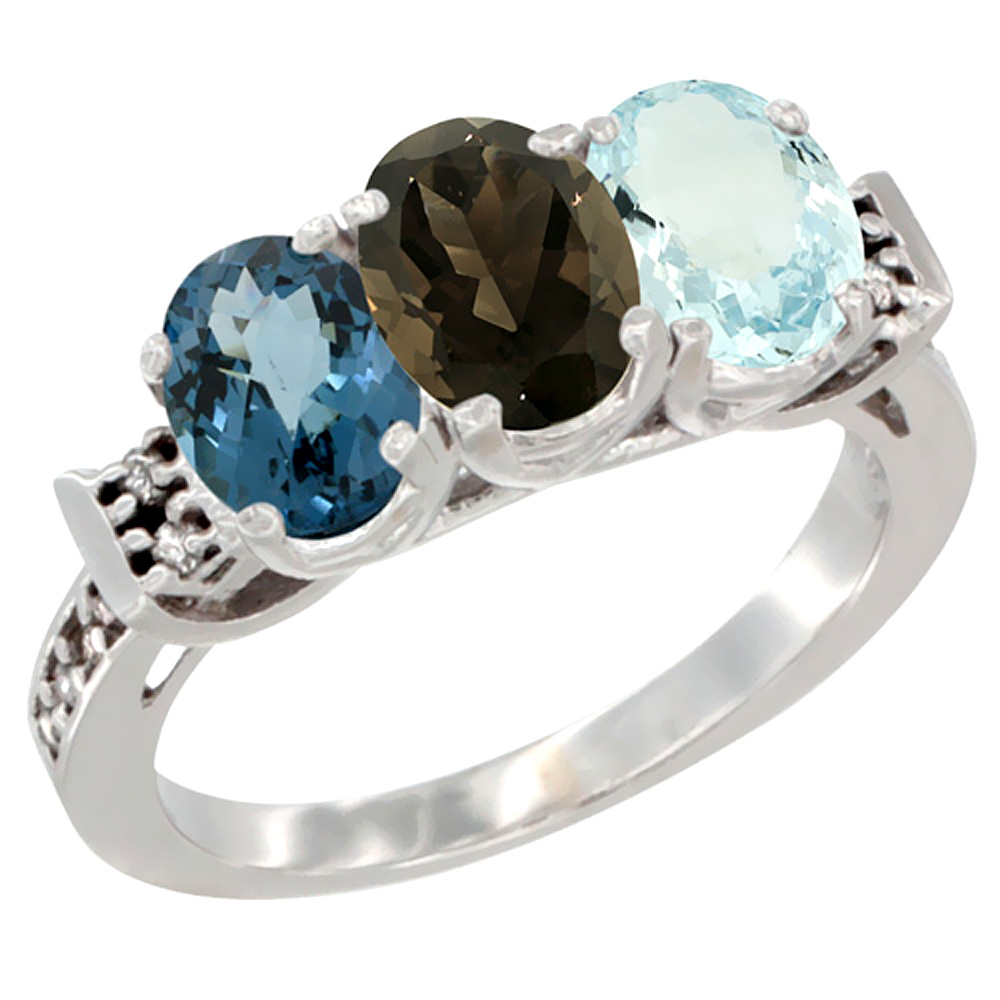 14K White Gold Natural London Blue Topaz, Smoky Topaz &amp; Aquamarine Ring 3-Stone 7x5 mm Oval Diamond Accent, sizes 5 - 10