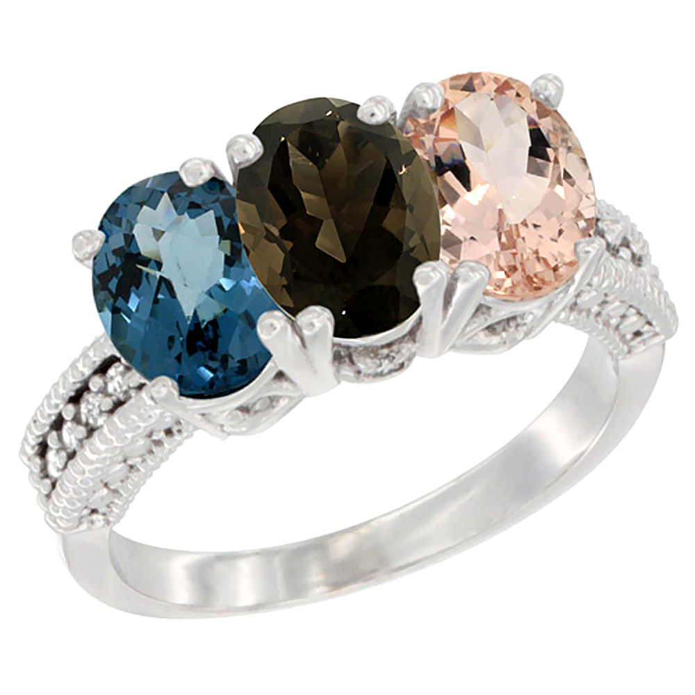 10K White Gold Natural London Blue Topaz, Smoky Topaz & Morganite Ring 3-Stone Oval 7x5 mm Diamond Accent, sizes 5 - 10