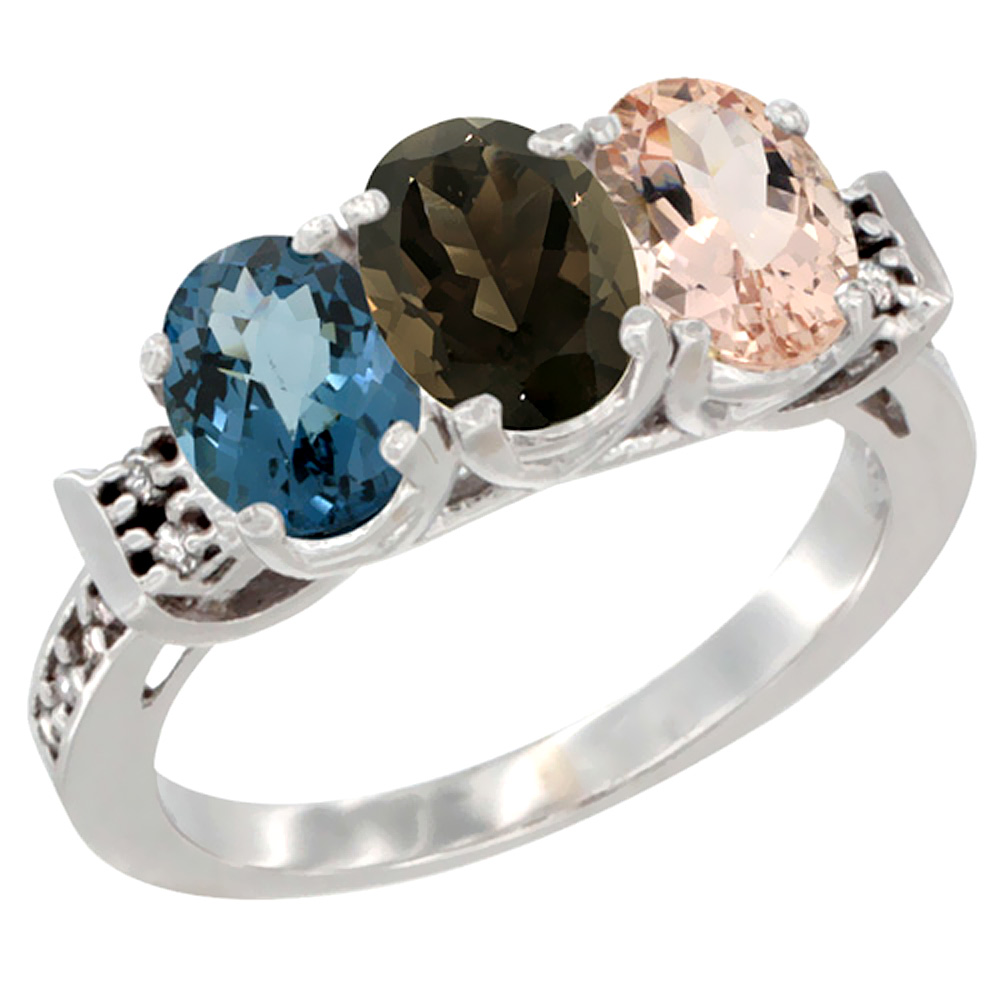 10K White Gold Natural London Blue Topaz, Smoky Topaz & Morganite Ring 3-Stone Oval 7x5 mm Diamond Accent, sizes 5 - 10