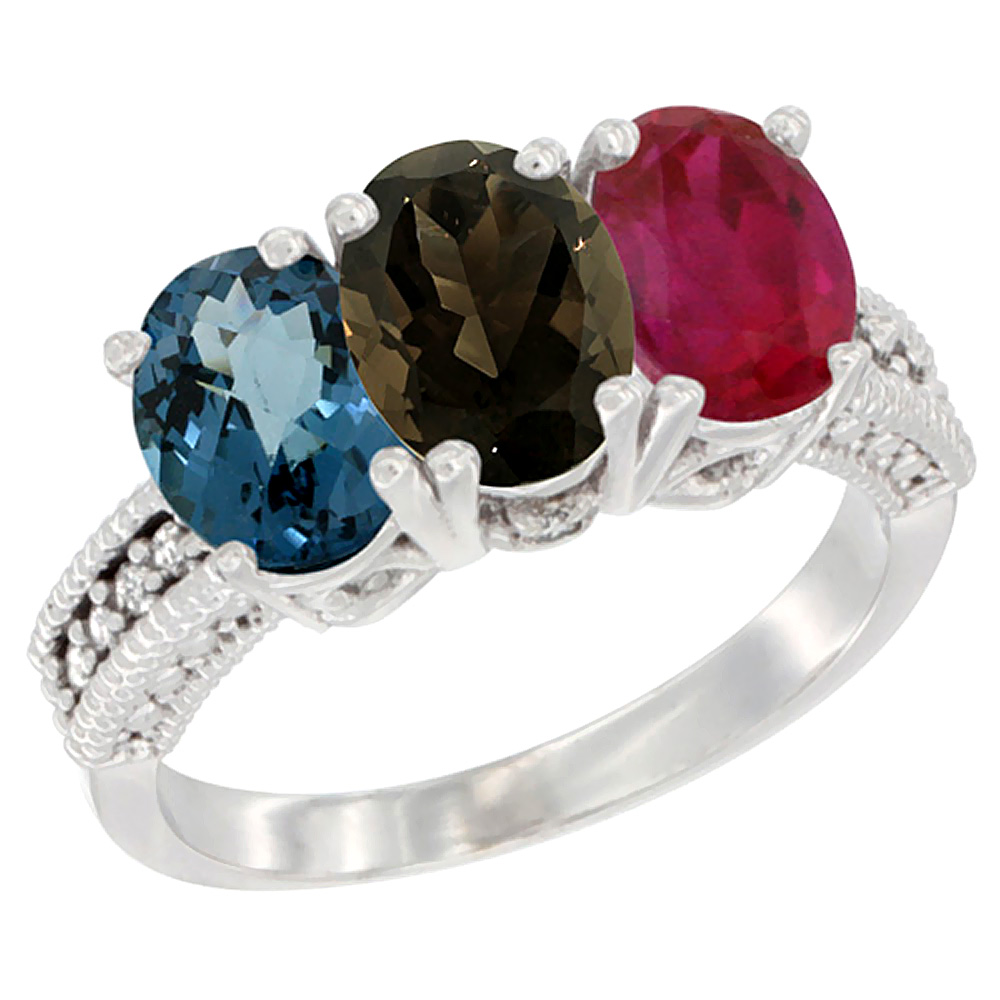 14K White Gold Natural London Blue Topaz, Smoky Topaz & Enhanced Ruby Ring 3-Stone 7x5 mm Oval Diamond Accent, sizes 5 - 10