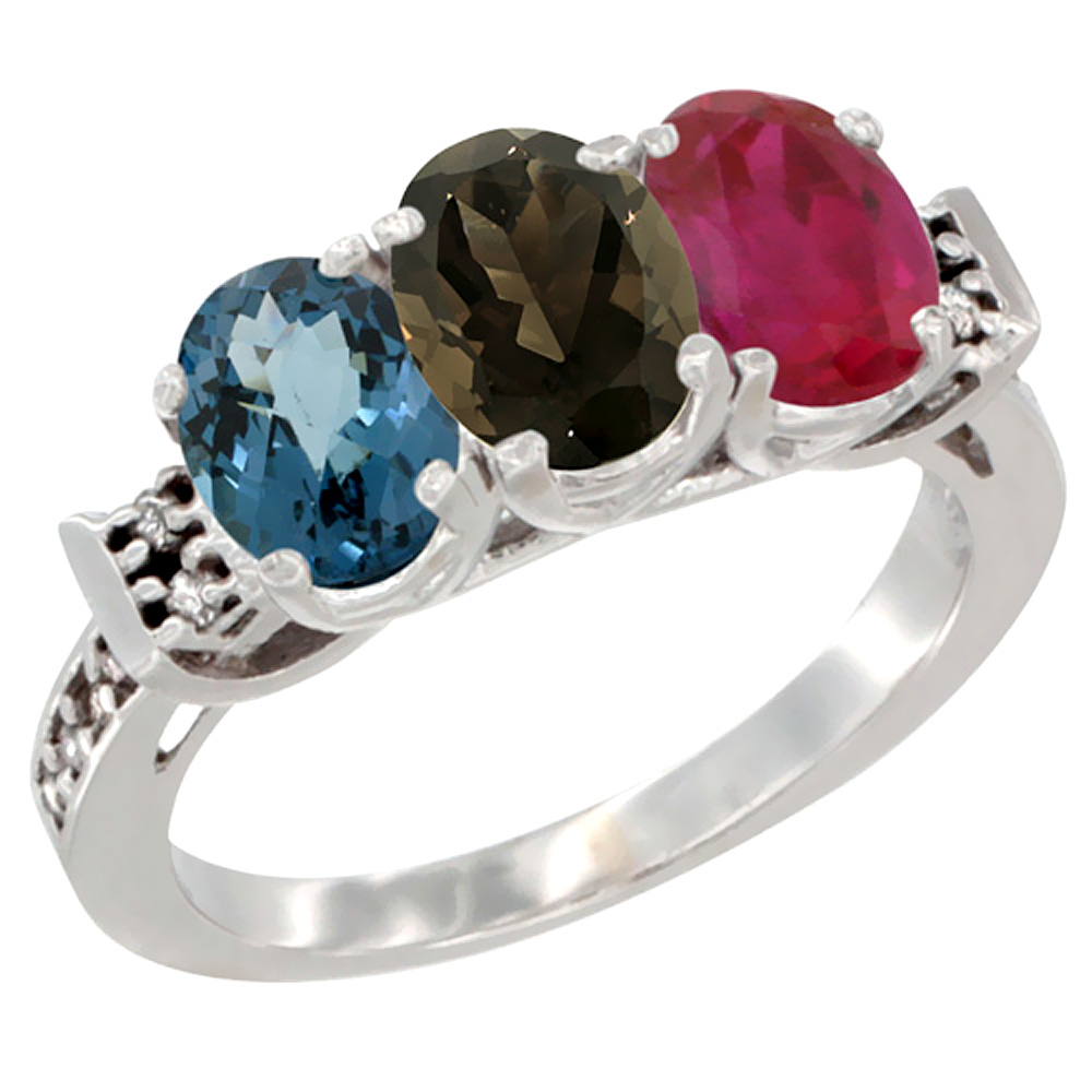 10K White Gold Natural London Blue Topaz, Smoky Topaz & Enhanced Ruby Ring 3-Stone Oval 7x5 mm Diamond Accent, sizes 5 - 10