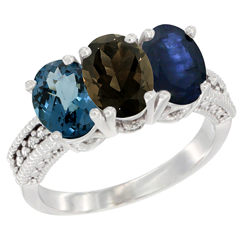 14K White Gold Natural London Blue Topaz, Smoky Topaz & Blue Sapphire Ring 3-Stone 7x5 mm Oval Diamond Accent, sizes 5 - 10