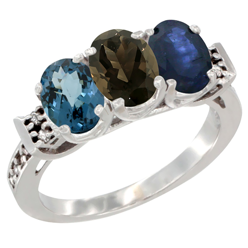 10K White Gold Natural London Blue Topaz, Smoky Topaz & Blue Sapphire Ring 3-Stone Oval 7x5 mm Diamond Accent, sizes 5 - 10