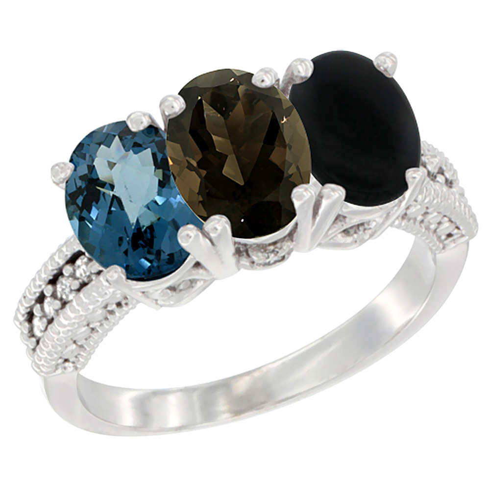 14K White Gold Natural London Blue Topaz, Smoky Topaz & Black Onyx Ring 3-Stone 7x5 mm Oval Diamond Accent, sizes 5 - 10