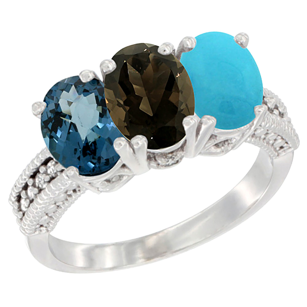 10K White Gold Natural London Blue Topaz, Smoky Topaz & Turquoise Ring 3-Stone Oval 7x5 mm Diamond Accent, sizes 5 - 10