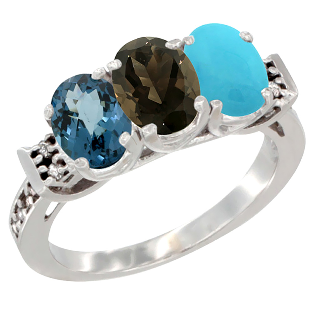 14K White Gold Natural London Blue Topaz, Smoky Topaz & Turquoise Ring 3-Stone 7x5 mm Oval Diamond Accent, sizes 5 - 10