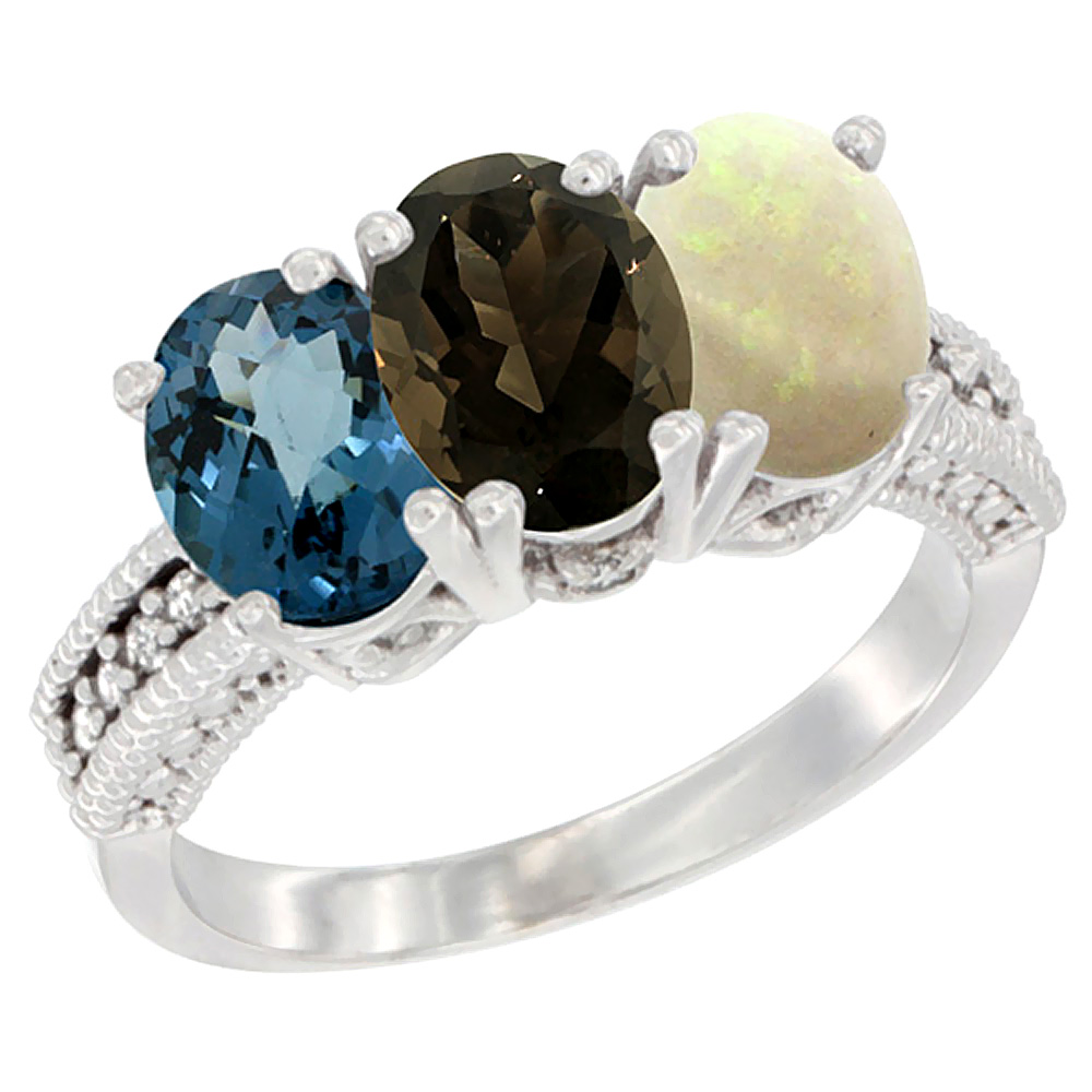 14K White Gold Natural London Blue Topaz, Smoky Topaz & Opal Ring 3-Stone 7x5 mm Oval Diamond Accent, sizes 5 - 10