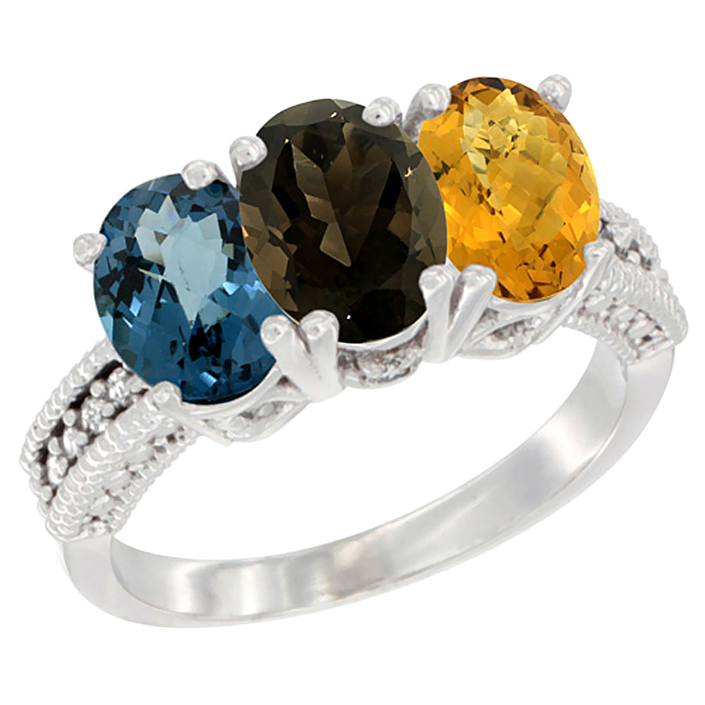 14K White Gold Natural London Blue Topaz, Smoky Topaz & Whisky Quartz Ring 3-Stone 7x5 mm Oval Diamond Accent, sizes 5 - 10