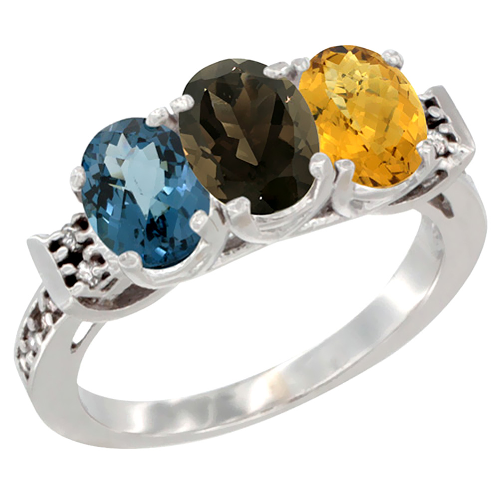 14K White Gold Natural London Blue Topaz, Smoky Topaz & Whisky Quartz Ring 3-Stone 7x5 mm Oval Diamond Accent, sizes 5 - 10