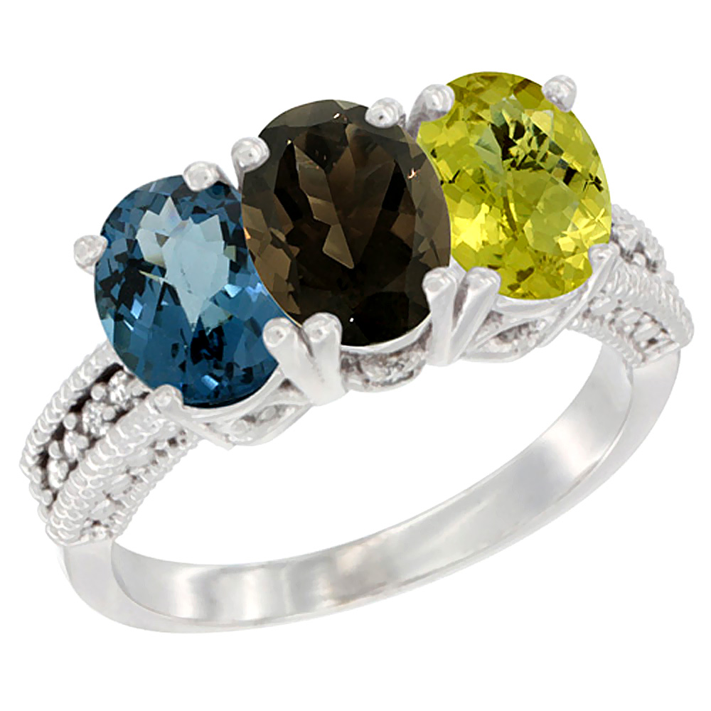 10K White Gold Natural London Blue Topaz, Smoky Topaz & Lemon Quartz Ring 3-Stone Oval 7x5 mm Diamond Accent, sizes 5 - 10