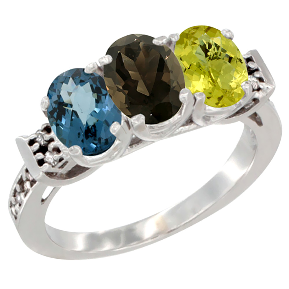 14K White Gold Natural London Blue Topaz, Smoky Topaz & Lemon Quartz Ring 3-Stone 7x5 mm Oval Diamond Accent, sizes 5 - 10