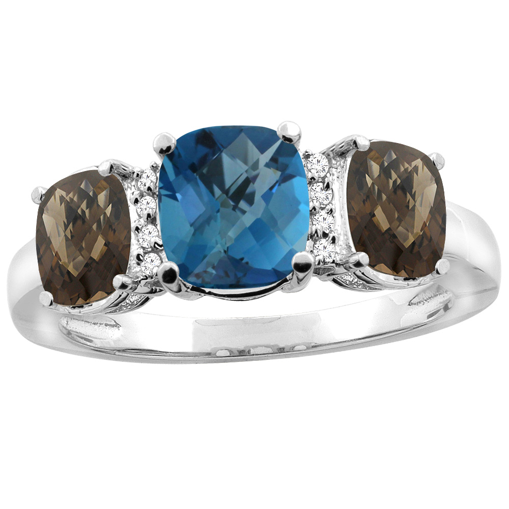 10K Yellow Gold Natural London Blue Topaz & Smoky Topaz 3-stone Ring Cushion 8x6mm Diamond Accent, sizes 5 - 10