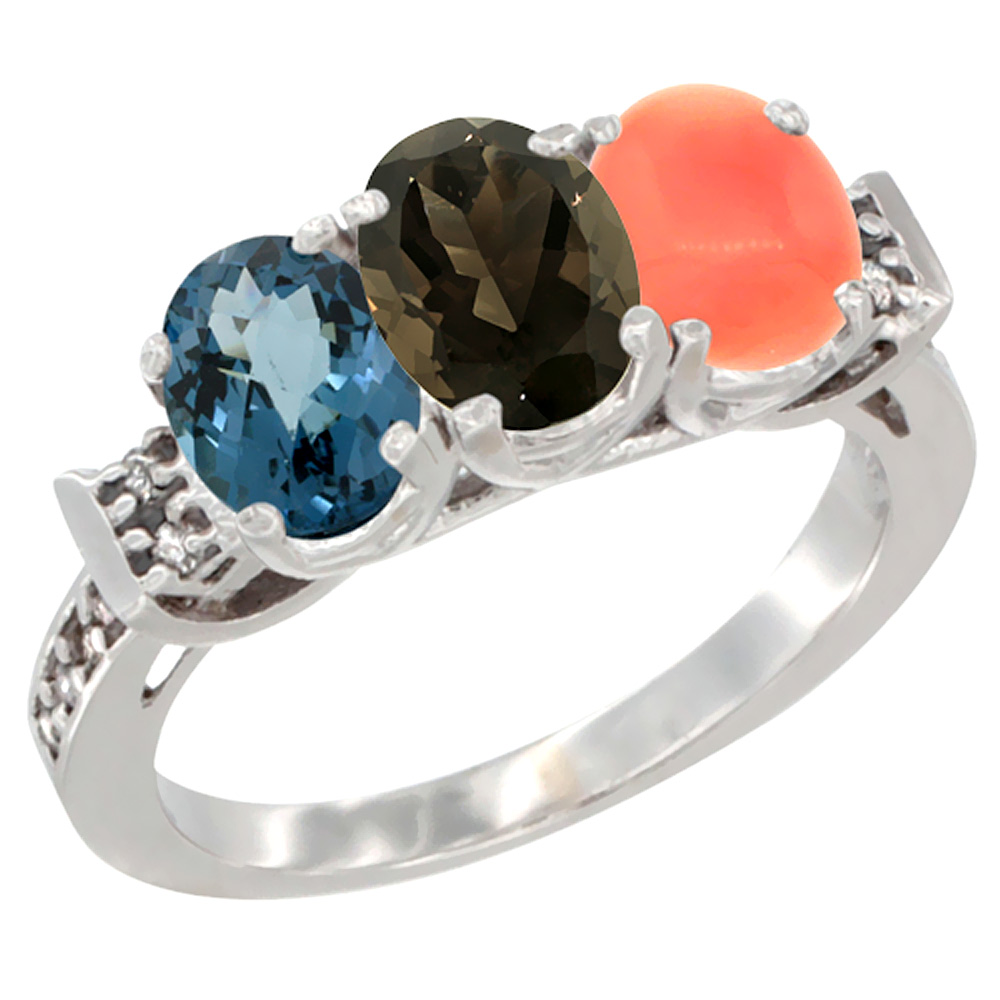 14K White Gold Natural London Blue Topaz, Smoky Topaz & Coral Ring 3-Stone 7x5 mm Oval Diamond Accent, sizes 5 - 10